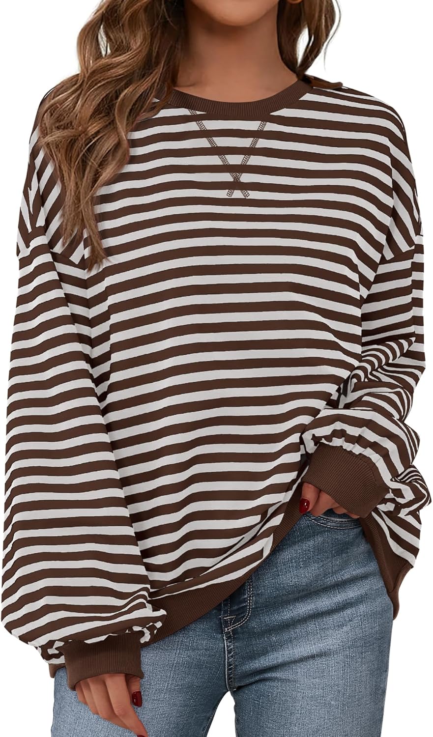 BTFBM Womens Oversized Striped Sweatshirt Crewneck Long Sleeve Pullover Top Casual Y2K Fall Clothes 2025 Workout Shirt