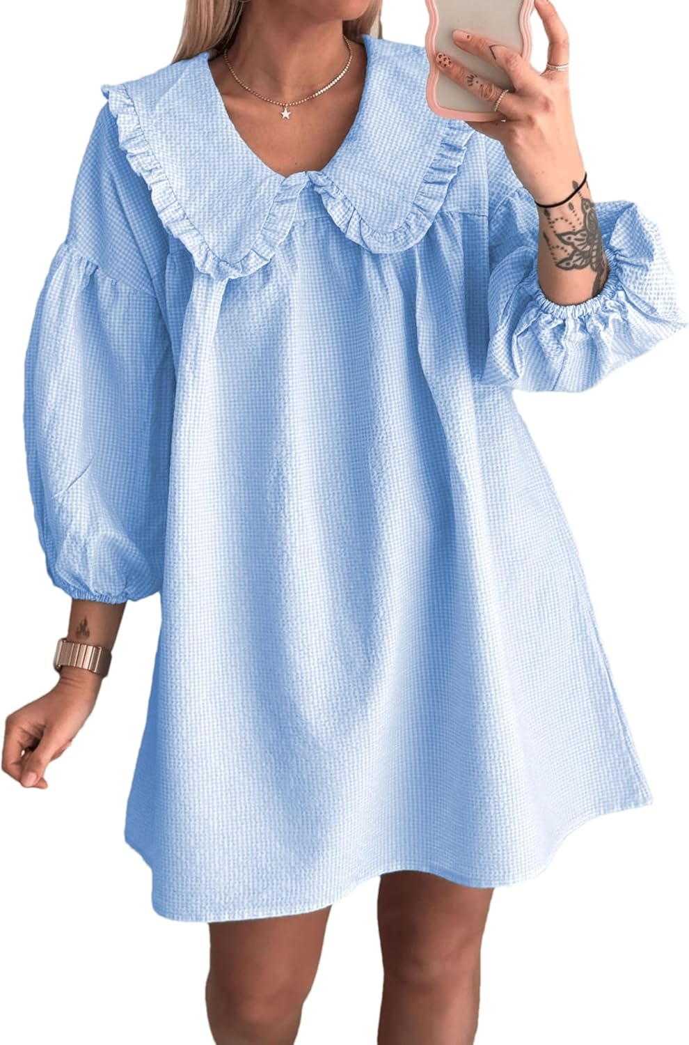 2025 Women's Babydoll 3/4 Puff Sleeve Plaid Mini Dress Lapel Doll Collar Loose Y2k Dress