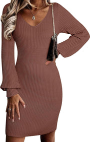 Sidefeel Womens 2025 Fall Winter Ribbed Knit Sweater Dress Casual Long Sleeve Sexy V Neck Bodycon Mini Dress