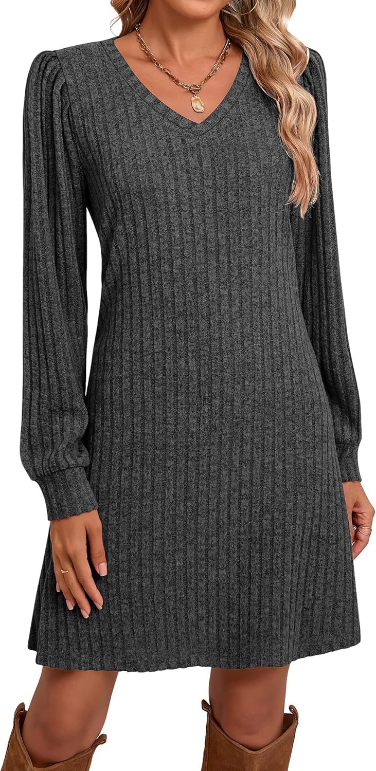 Ficerd Women's Knit Long Sleeve Sweater Dress Casual V Neck Tunic Dresses Fall Trendy Outfits