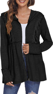 DEESHA Full Zip Up Hoodie for Women Pleated Tiered Ruffle Hooded Sweatshirts Jacket Coat Long Sleeve(Black, X-Large)