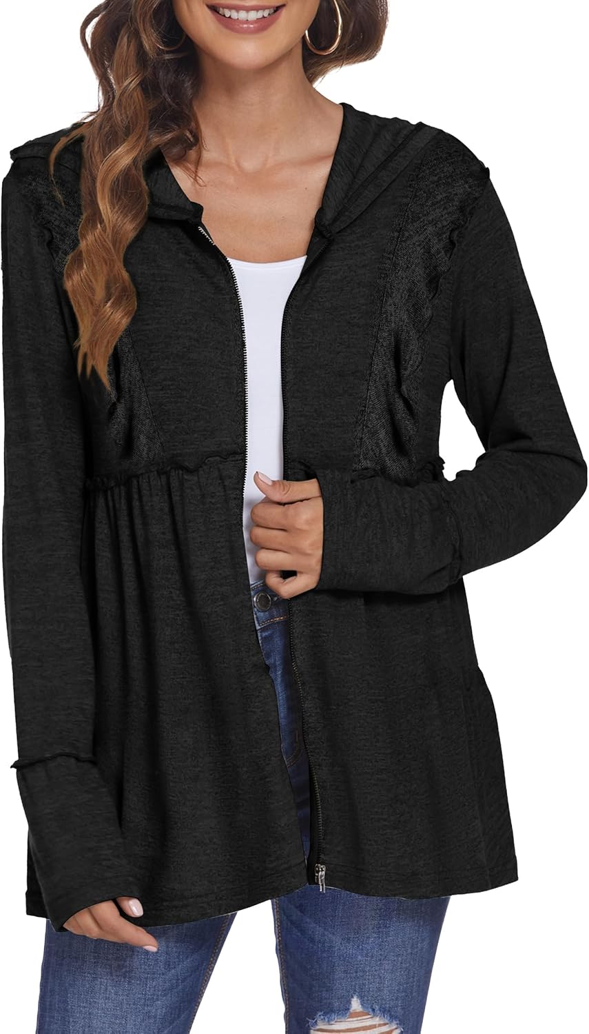 DEESHA Full Zip Up Hoodie for Women Pleated Tiered Ruffle Hooded Sweatshirts Jacket Coat Long Sleeve(Black, X-Large)