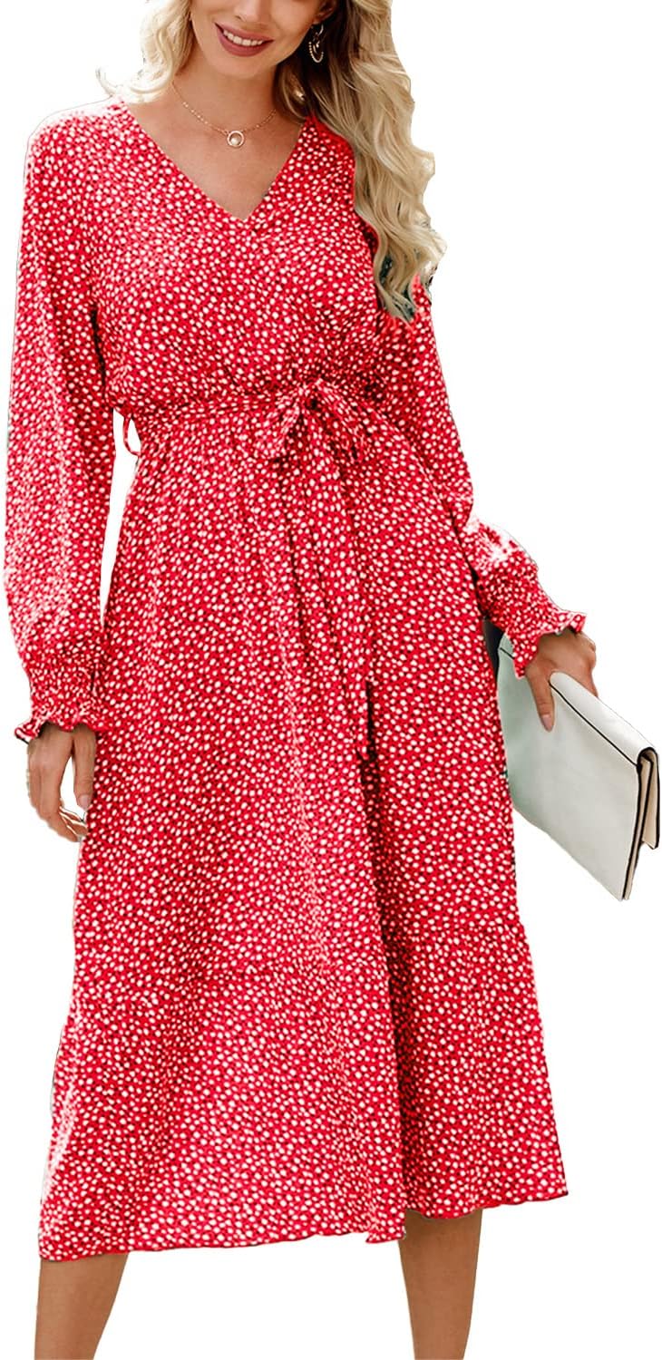 PRETTYGARDEN Women's Floral Boho Dress Fall Long Sleeve Wrap V Neck Ruffle Flowy Maxi Spring Wedding Guest Vacation Dresses