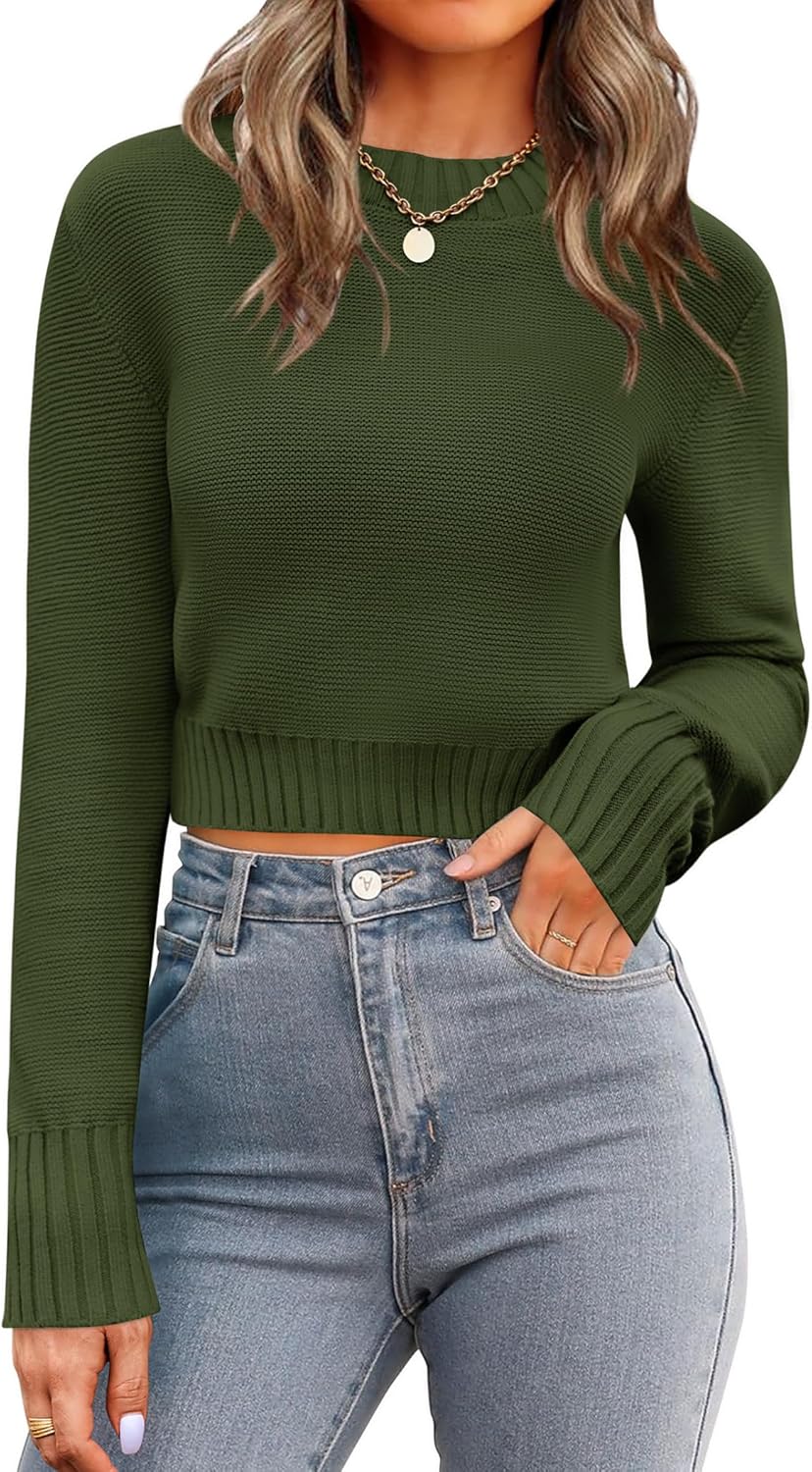 Zeagoo Women's 2025 Fall Crewneck Cropped Sweater Trendy Long Sleeve Ribbed Knit Pullover Jumper Tops