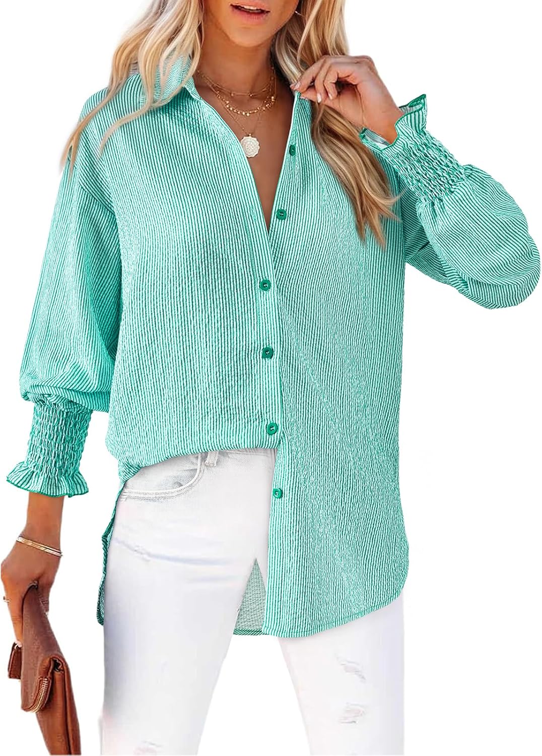 Women's Striped Button Down Shirts Long Sleeve Smocked Cuffed Oversized Boyfriend Blouses Collared Work No Pockets Tops