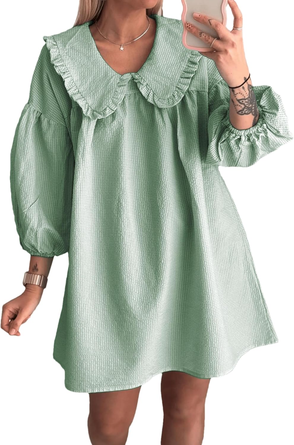 2025 Women's Babydoll 3/4 Puff Sleeve Plaid Mini Dress Lapel Doll Collar Loose Y2k Dress