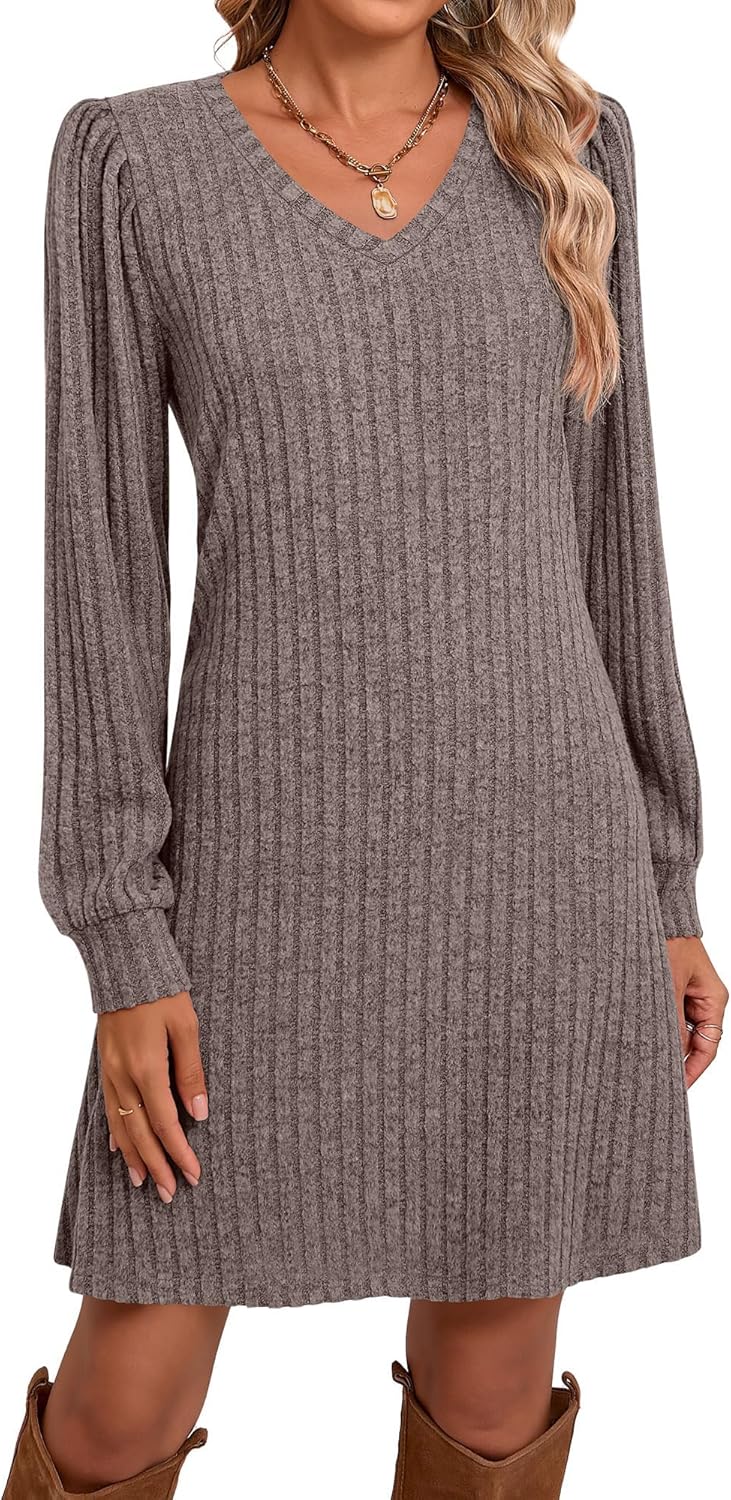 Ficerd Women's Knit Long Sleeve Sweater Dress Casual V Neck Tunic Dresses Fall Trendy Outfits
