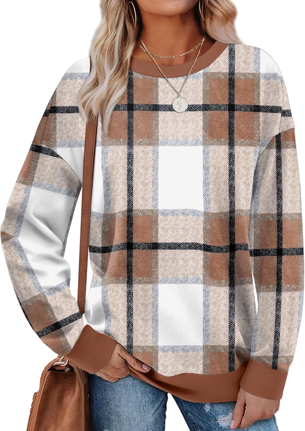 Saloogoe Sweatshirts for Women Crewneck Long Sleeve Loose Fit Tops Color Block Ribbed Trim Fashion 2025