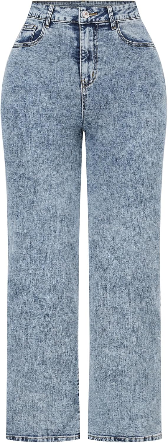 THUNDER STAR Womens High Waisted Wide Leg Jeans Stretchy Distressed Denim Pants