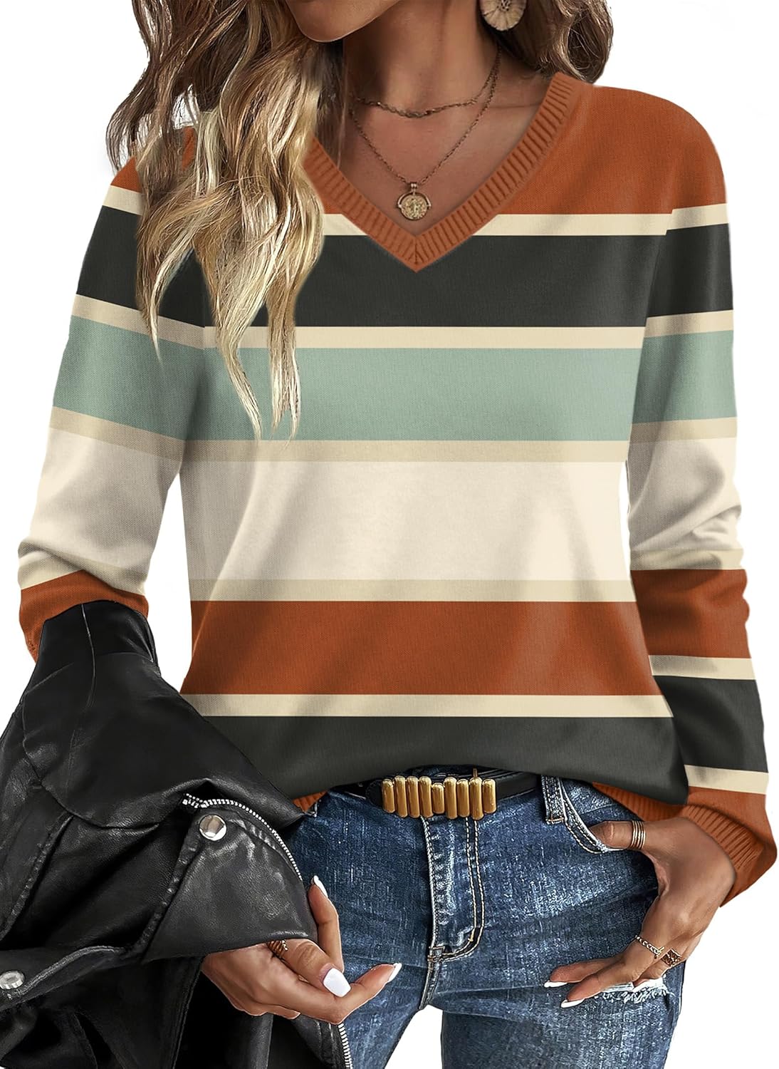 OFEEFAN Womens Sweaters Long Sleeve Shirts Fall Outfits 2025 V Neck Soft Knit Pullover Trendy Tops Dressy Casual Blouses