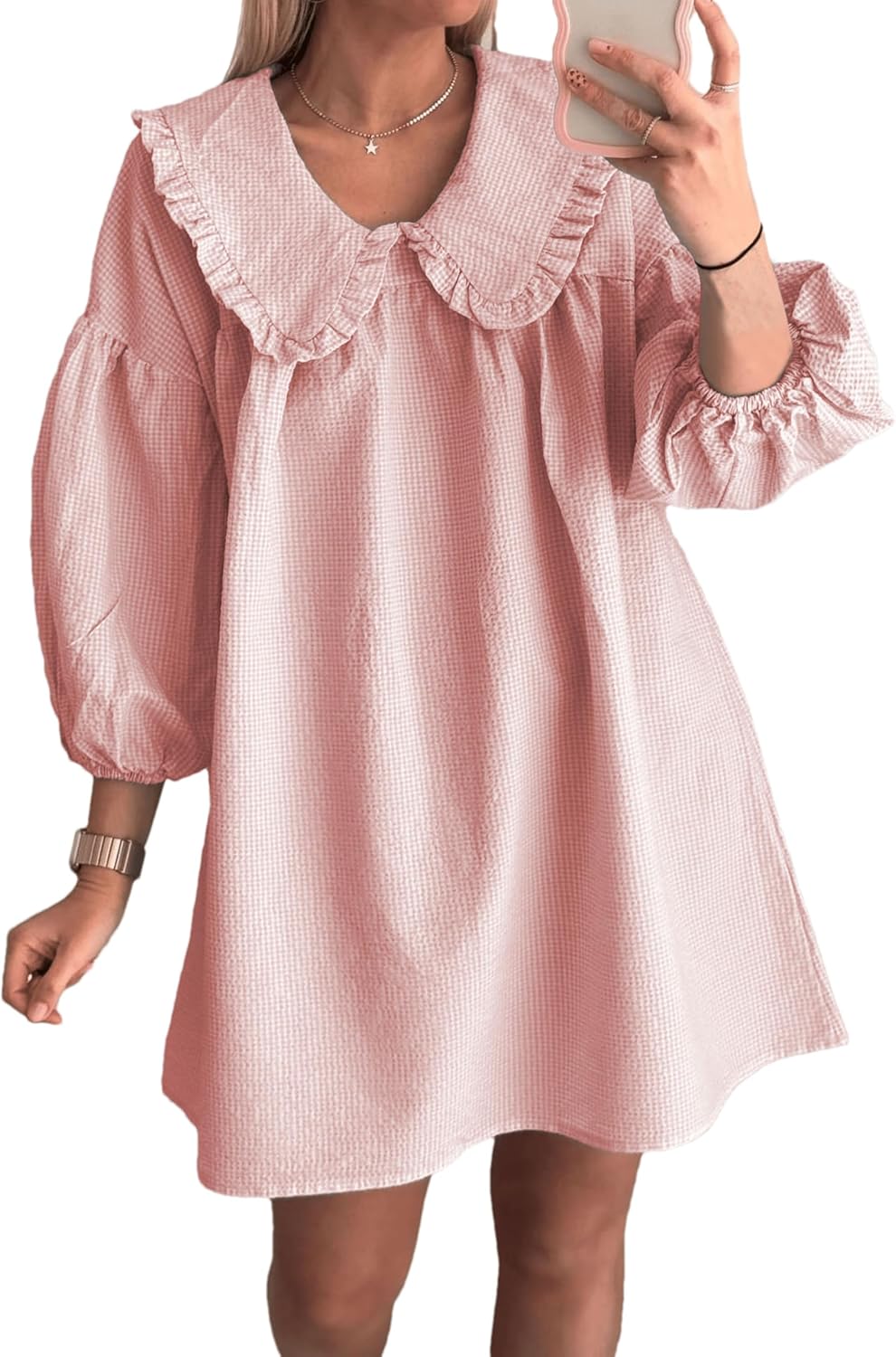 2025 Women's Babydoll 3/4 Puff Sleeve Plaid Mini Dress Lapel Doll Collar Loose Y2k Dress