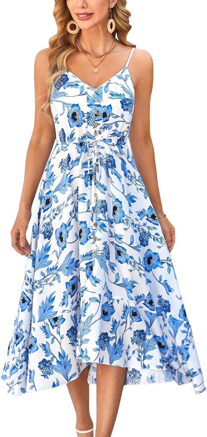 BROVAVE Women's 2025 Summer Casual Boho Sundress Polka Dot Spaghetti Strap V Neck Flowy Midi Dresses