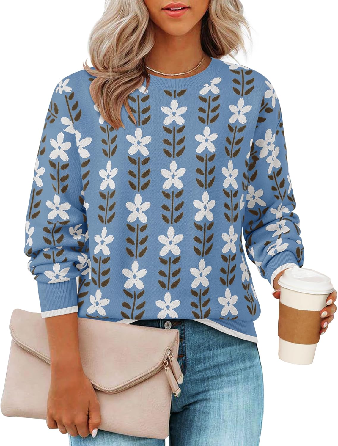 ZESICA Women's Long Sleeve Crewneck Sweater 2025 Fall Printed Cute Oversized Knitted Pullover Tops Trendy Clothes