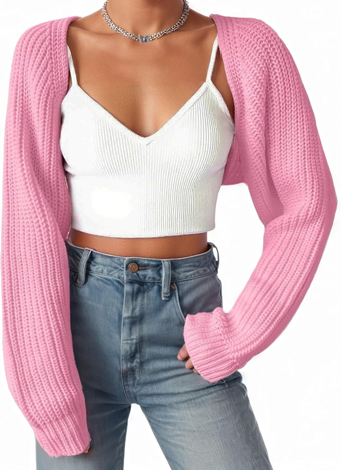 Women Open Front Ribbed Knit Crop Bolero Drop Shoulder Long Sleeve Solid Loose Fit Knitted Crop Cardigan Shrug