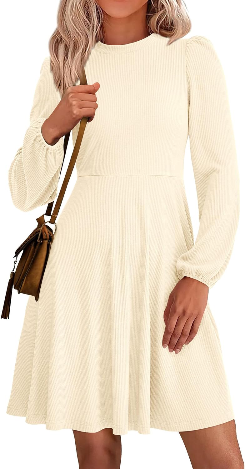 PRETTYGARDEN Womens Long Sleeve Mini Dress 2025 Fall Trendy Crewneck Ribbed Knit Soft A Line Flowy Summer Formal Dresses