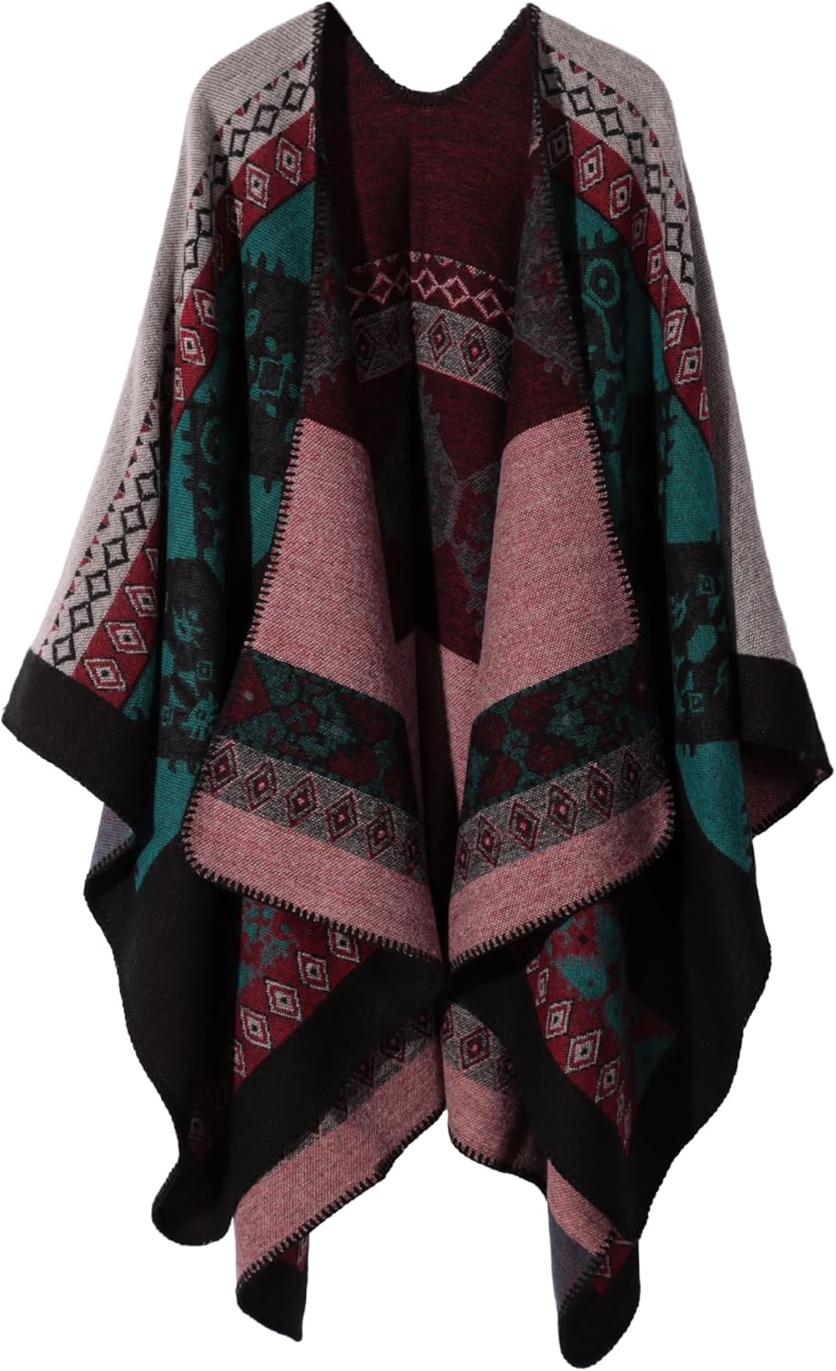 Bestshe Women's Boho Open Front Poncho Knitted Plaid Shawl Wrap Cape Tassel Cardigan Sweater