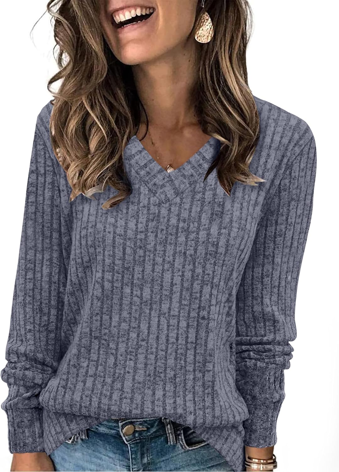 Sampeel V Neck Long Sleeve Shirts for Women Casual Fall Tops Lightweight Tunic Sweaters Fashion Clothes Loose Fit 2025