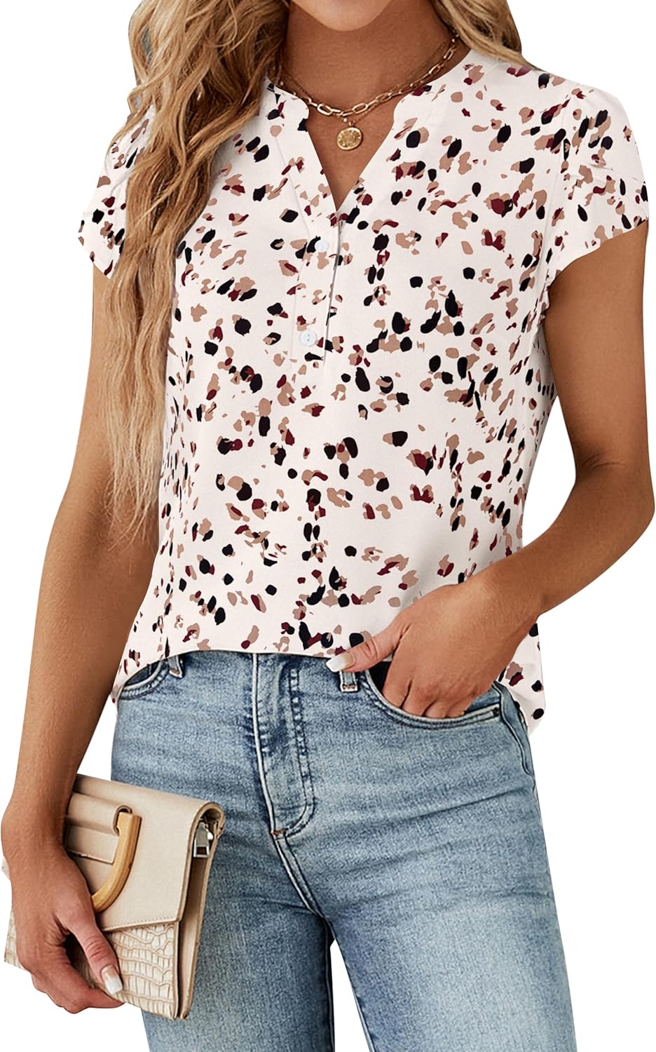 Blooming Jelly Women's Dressy Casual Tops Business Work Blouses White Button Down Shirts Cap Sleeve V Neck Tshirt