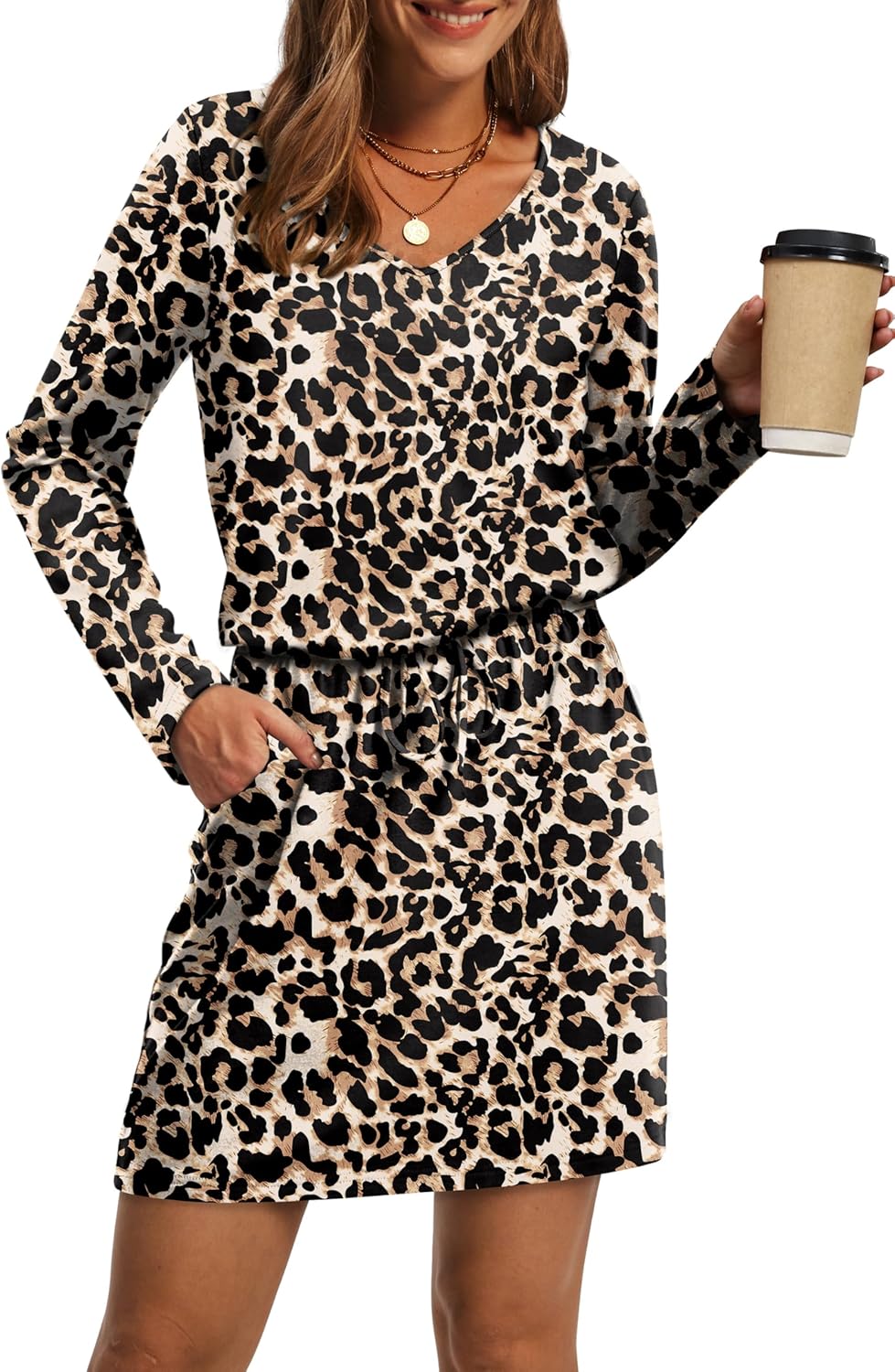 OFEEFAN Fall Dresses for Women 2025 Loose V Neck Long Sleeve T Shirts Casual Sundresses Tie Front A-Line Dresses