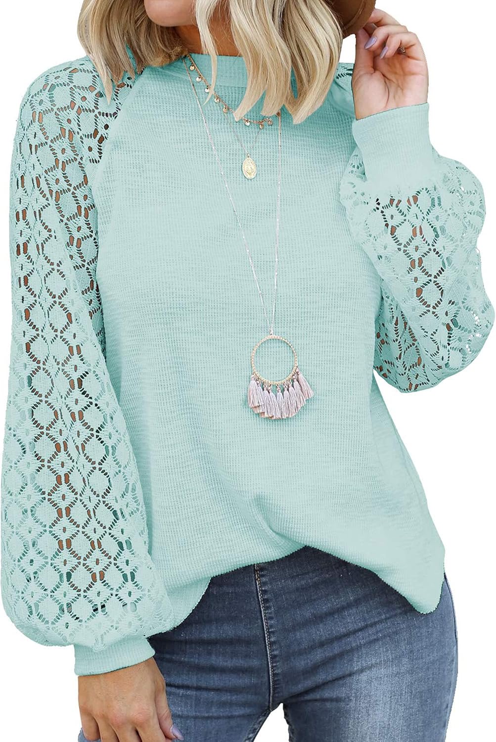 MIHOLL Women’s Long Sleeve Tops Lace Casual Loose Blouses T Shirts