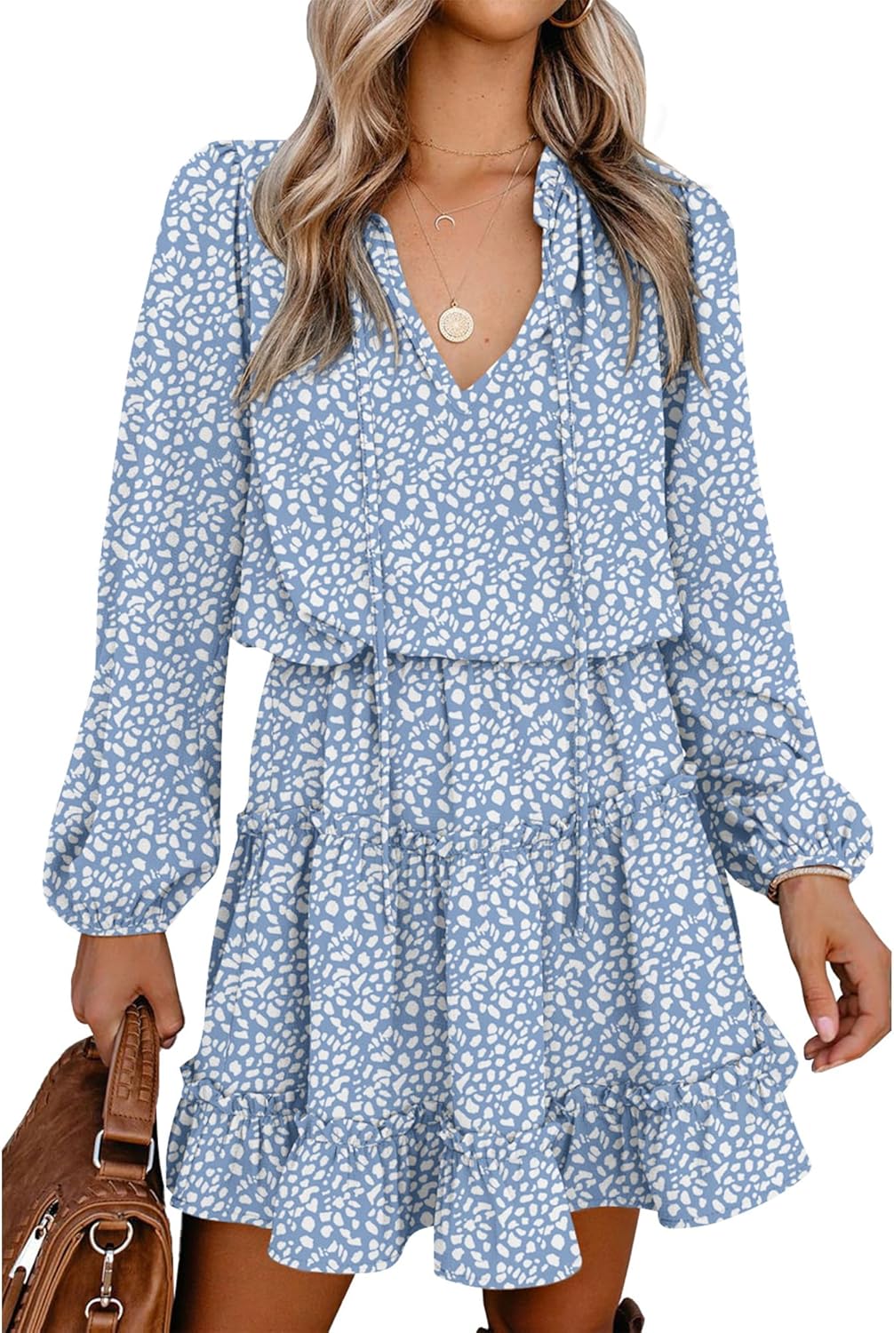 BTFBM Long Sleeve Fall Dresses for Women 2025 Summer Casual Tie Neck Ruffle Tiered A Line Wedding Guest Short Mini Dress