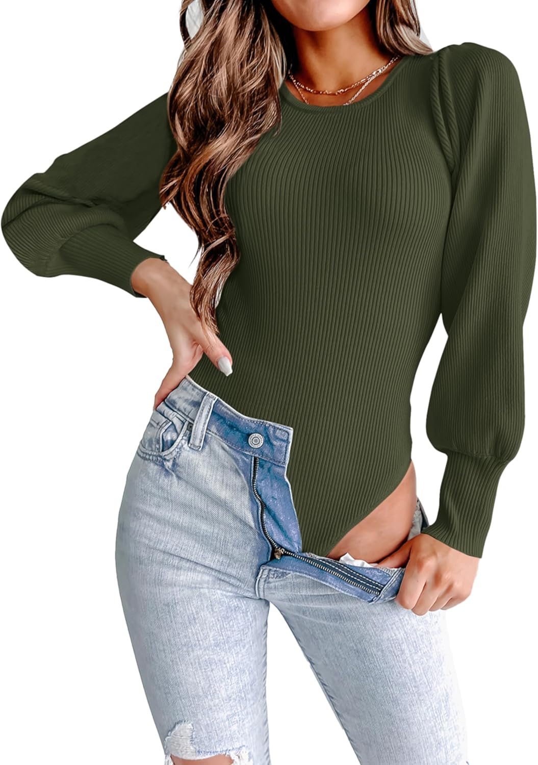 MASCOMODA Long Puff Sleeve Sweaters for Women 2025 Fall Winter Crewneck Knit Ribbed Bodysuit Pullover Tops