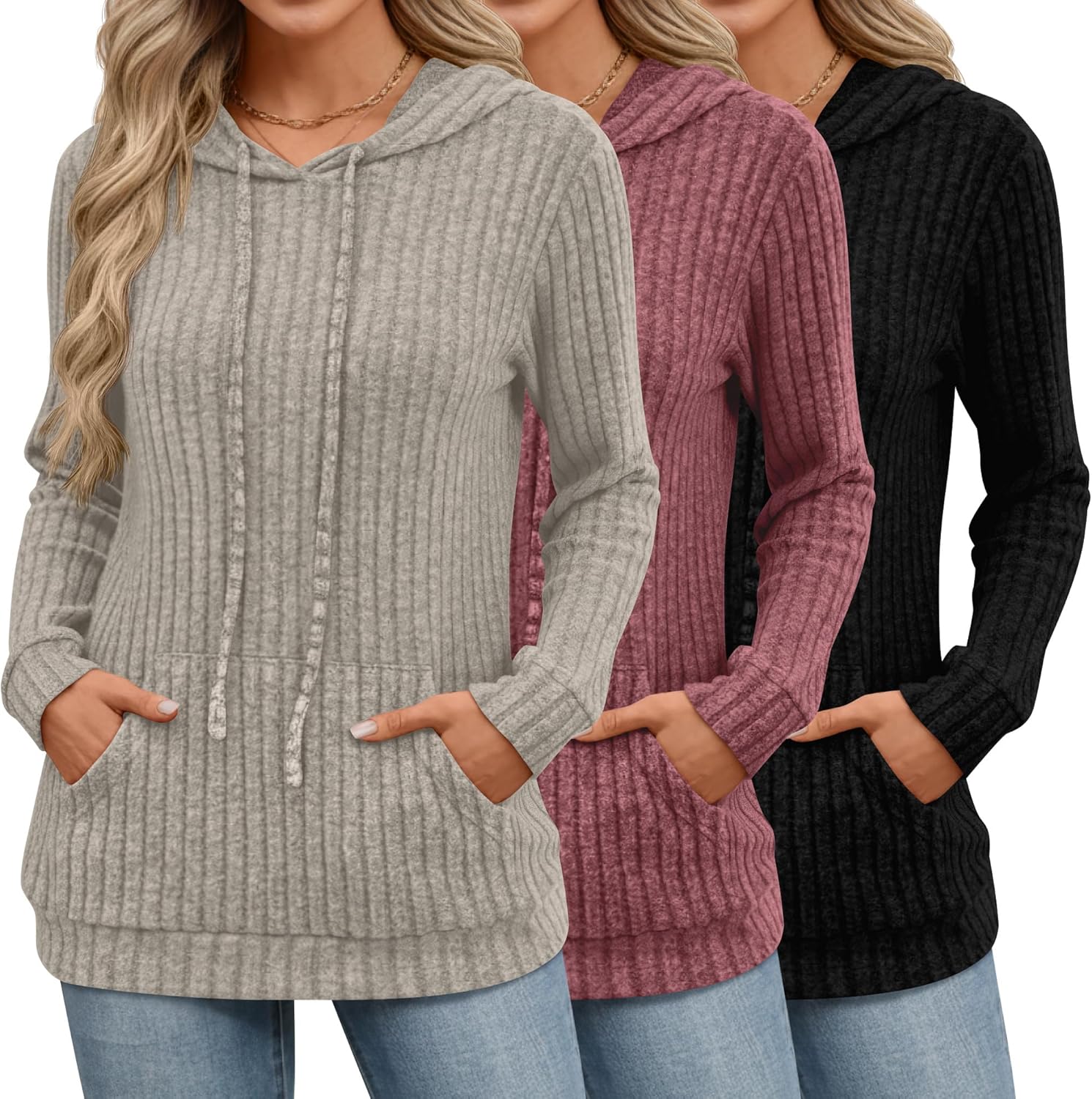 3 Pack Women's Long Sleeve Hoodie Sweaters, Kangaroo Pocket Shirts Loose Knit Tops Drawstring Pullover Sweatshirts