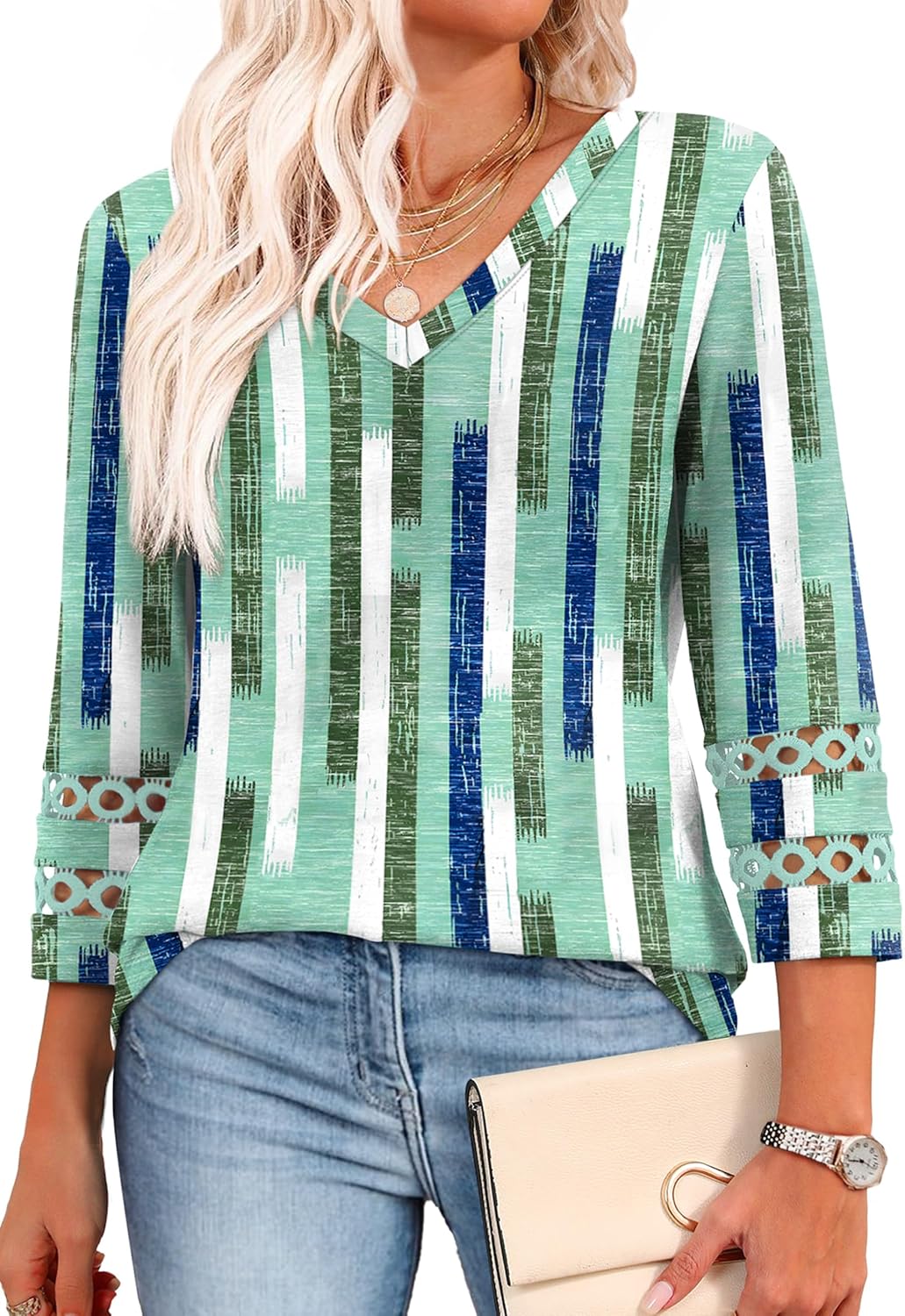 XIEERDUO 3/4 Length Sleeve Womens Tops Dressy Casual Blouses for Women 2025 Trendy V Neck T Shirts Summer Clothes