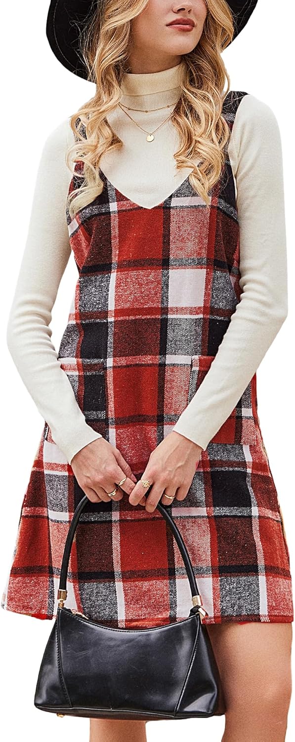 CUPSHE Fall Dresses for Women V Neck Plaid Sleeveless Wide Strpas Pockets Casual Pinafore Mini Overall Dress