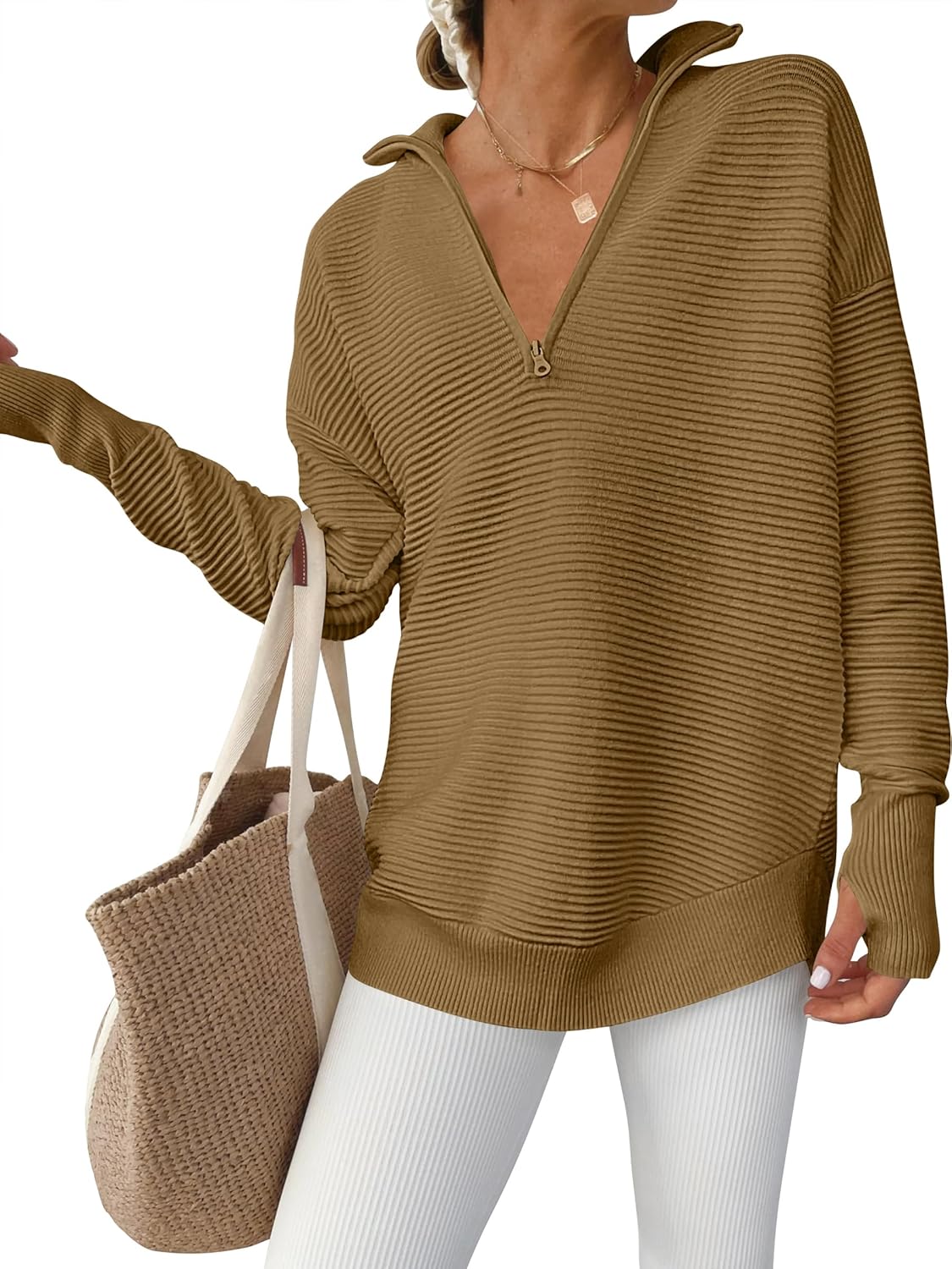 ANRABESS Womens Long Sleeve Quarter Zip Pullover Sweater Casual Loose V Neck Collared Ribbed Knit Jumper Tops Thumb Hole
