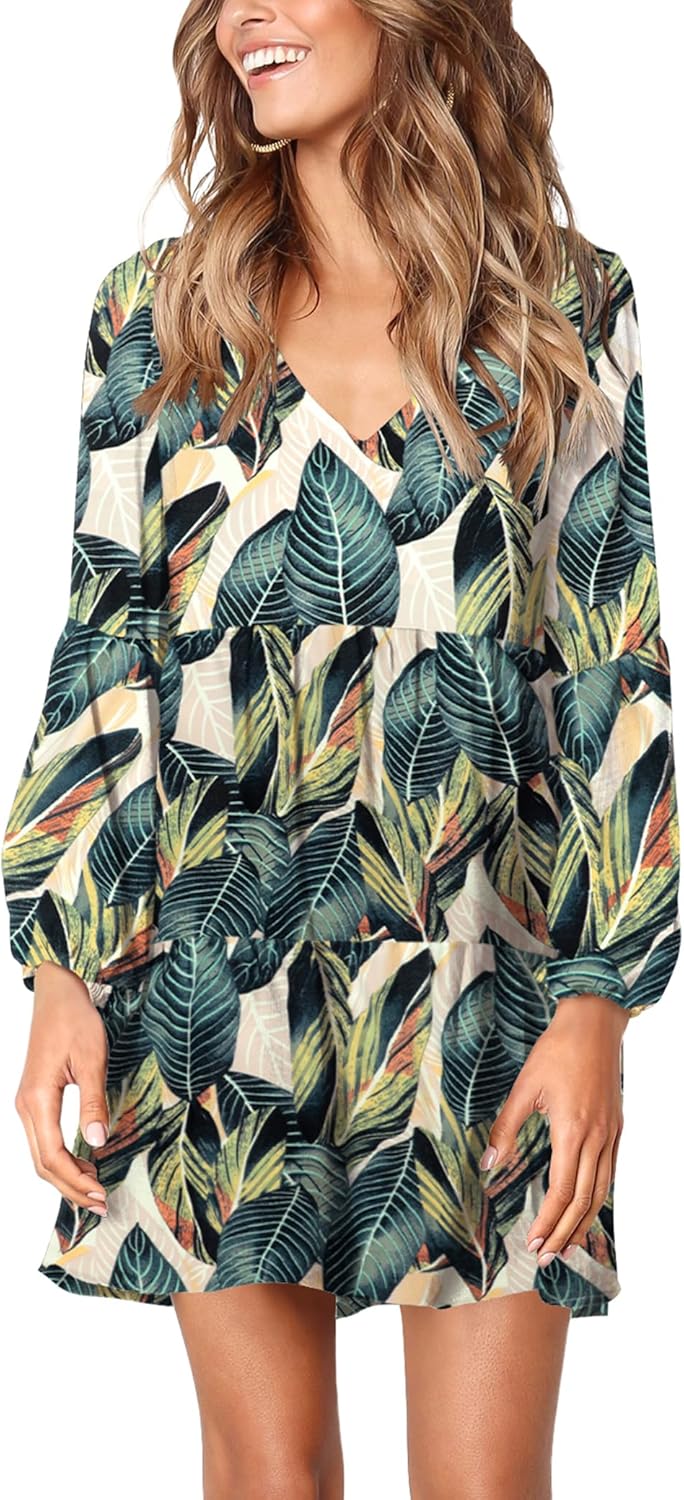 Amoretu Womens Tunic Dress Long Sleeve V Neck Casual Loose Flowy Swing Shift Dresses