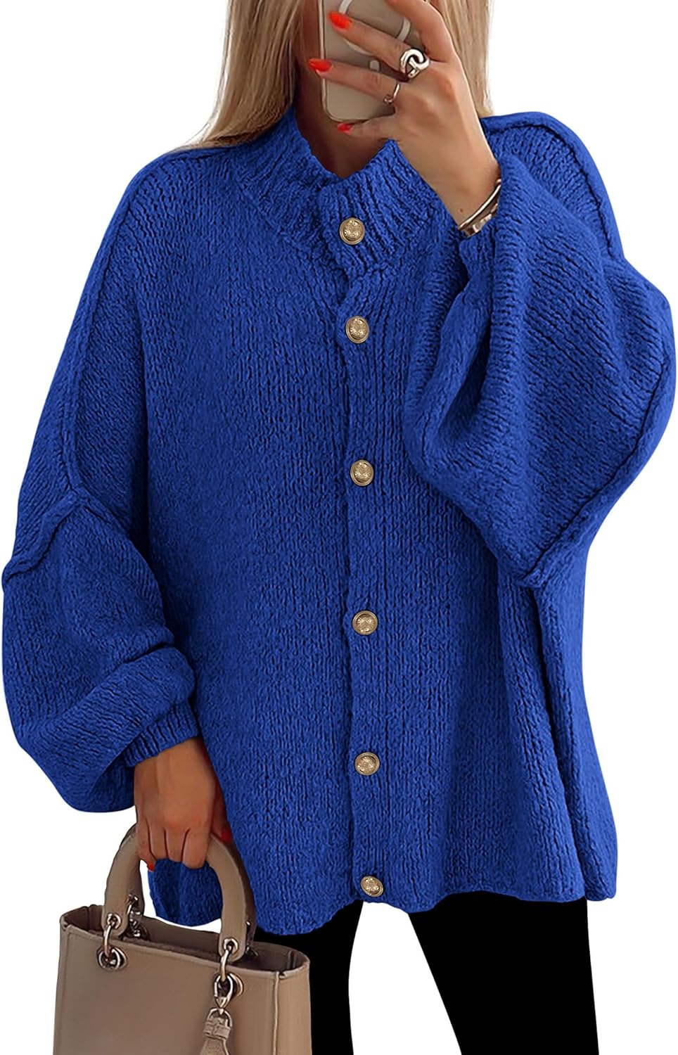 PRETTYGARDEN Women's Winter Button Down Cardigan Sweaters Mock Neck Lantern Long Sleeve Chunky Knit Jacket Trendy Outerwear