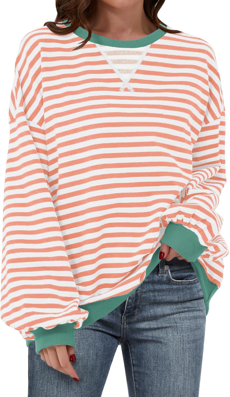 ANRABESS Women Striped Sweatshirts Oversized Crewneck Long Sleeve Shirts Y2K Pullover Top 2025 Fall Outfits Fashion Clothes