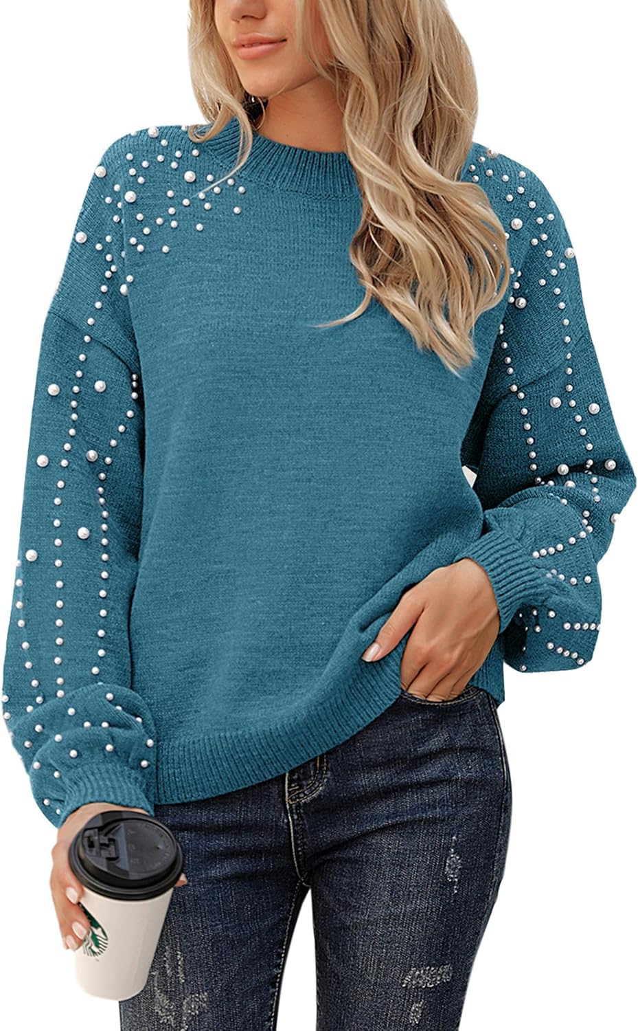 Blooming Jelly Women's Chunky Sweater Crewneck Sweatshirt Knit Lantern Sleeve Oversized Pullover Sweater with Pearls