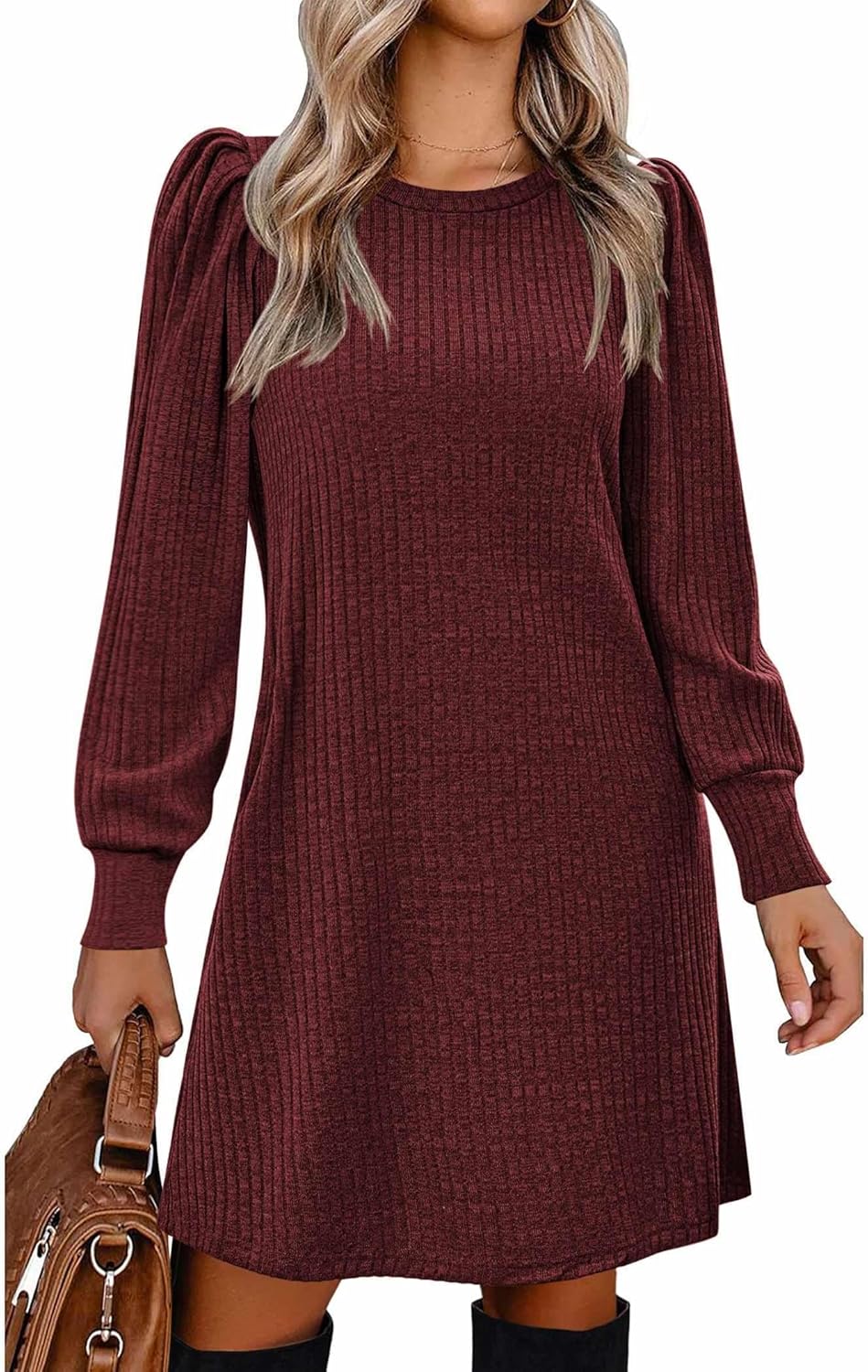 Zeagoo Women's Knit Dress with Puff Sleeves for Fall & Winter - Round Neck Casual Tunic Dress
