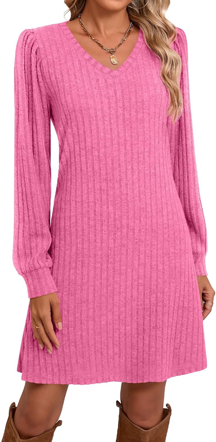 Ficerd Women's Knit Long Sleeve Sweater Dress Casual V Neck Tunic Dresses Fall Trendy Outfits