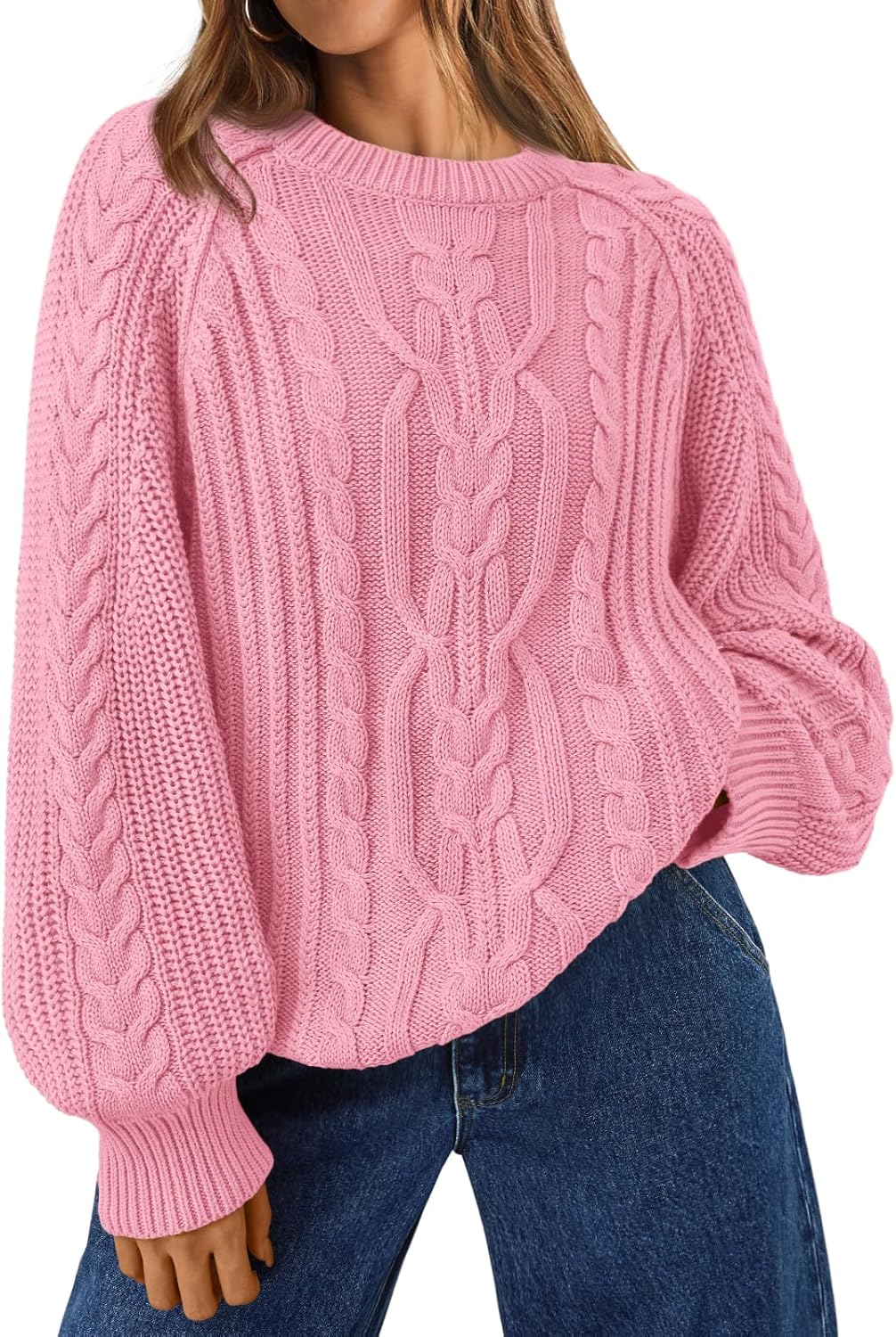 Trendy Queen Women's Oversized Cable Knit Crewneck Fall Pullover Sweaters
