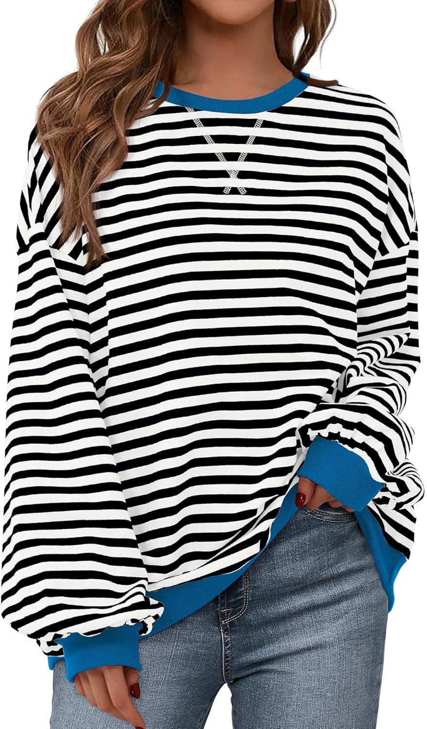 BTFBM Womens Oversized Striped Sweatshirt Crewneck Long Sleeve Pullover Top Casual Y2K Fall Clothes 2025 Workout Shirt
