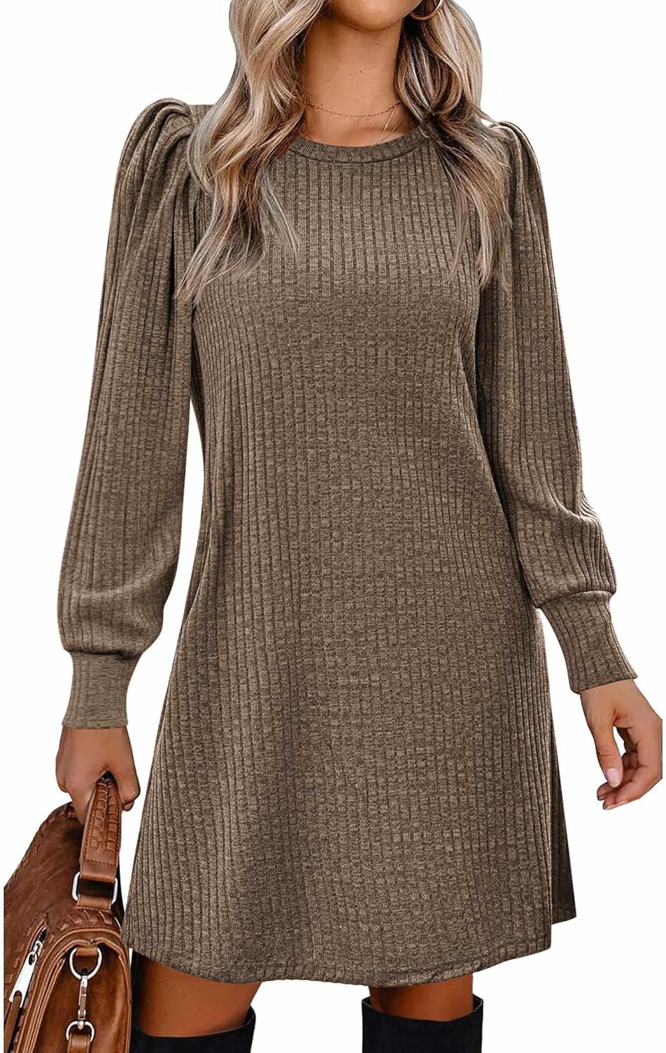 Zeagoo Women's Knit Dress with Puff Sleeves for Fall & Winter - Round Neck Casual Tunic Dress