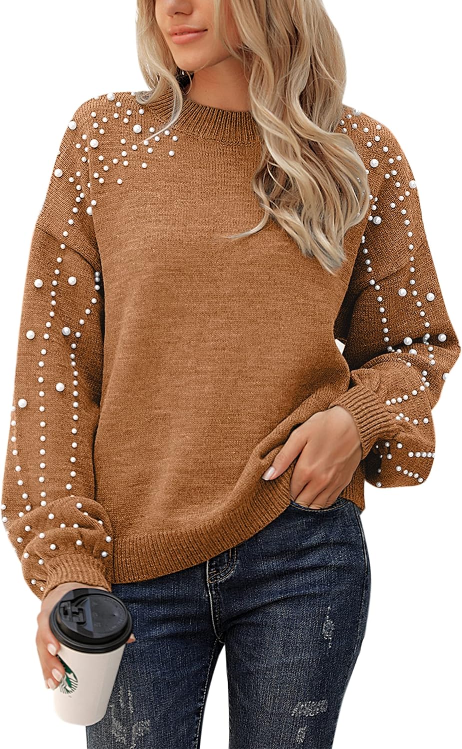 Blooming Jelly Women's Chunky Sweater Crewneck Sweatshirt Knit Lantern Sleeve Oversized Pullover Sweater with Pearls