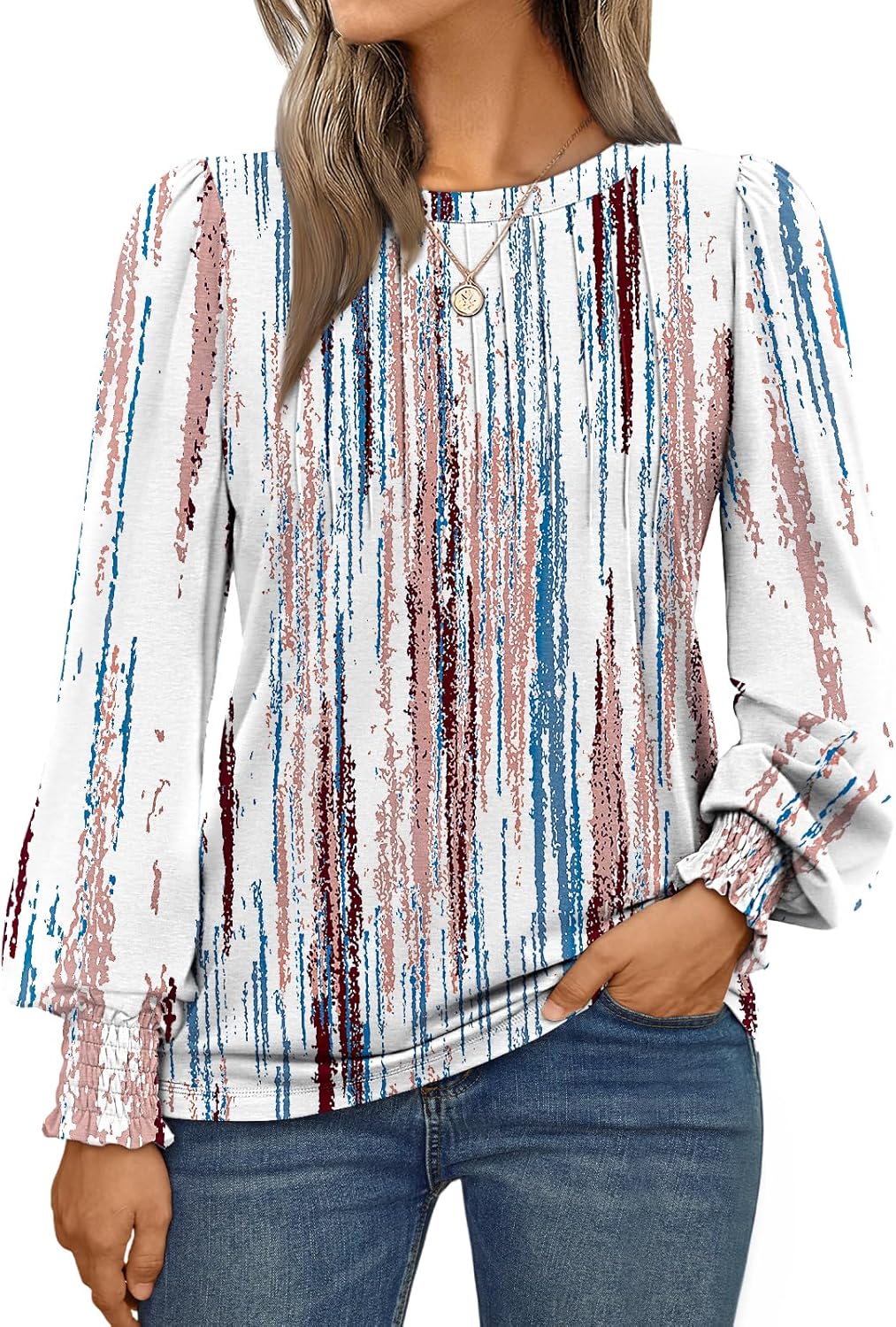 AUTOMET Long Sleeve Shirts Womens Pleated Business Casual Blouses with Smocked Cuffs