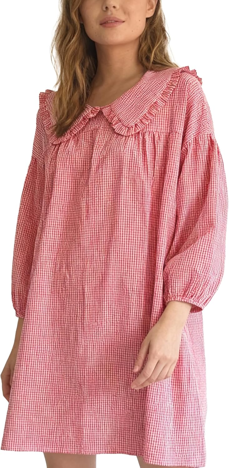 2025 Women's Babydoll 3/4 Puff Sleeve Plaid Mini Dress Lapel Doll Collar Loose Y2k Dress