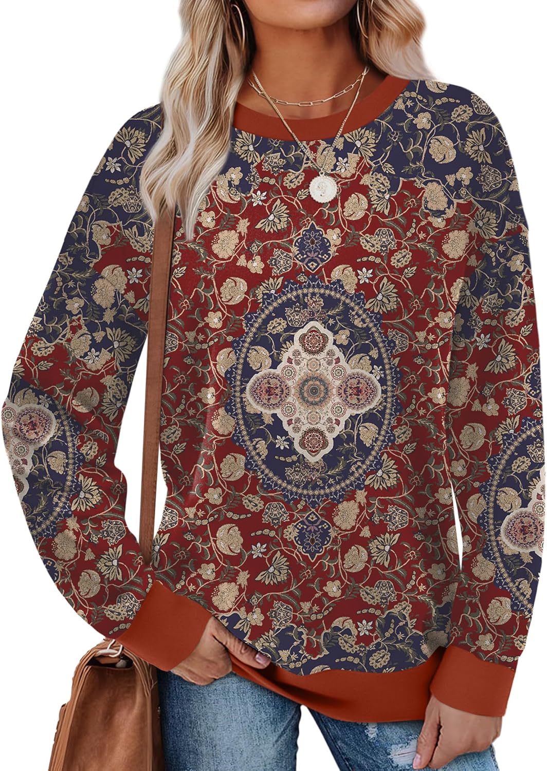 Saloogoe Sweatshirts for Women Crewneck Long Sleeve Loose Fit Tops Color Block Ribbed Trim Fashion 2025