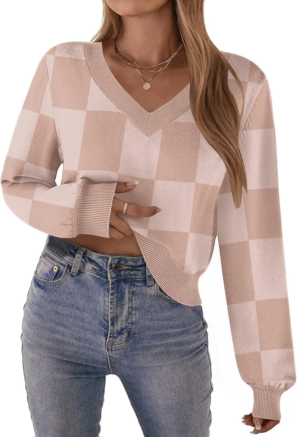 Zeagoo Women's 2025 Fall V-Neck Cropped Sweater Trendy Long Latern Sleeve Ribbed Knit Pullover Crop Tops