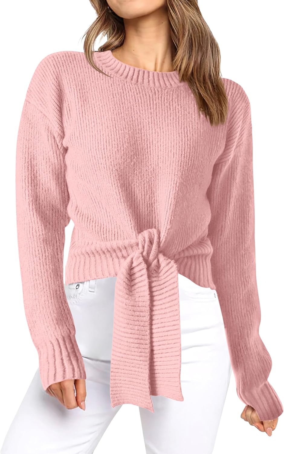 Okiwam Women's Long Sleeve Cropped Sweaters Casual Knit Pullover Tie Front Crew Neck Fall Outfits Fashion Clothes 2025