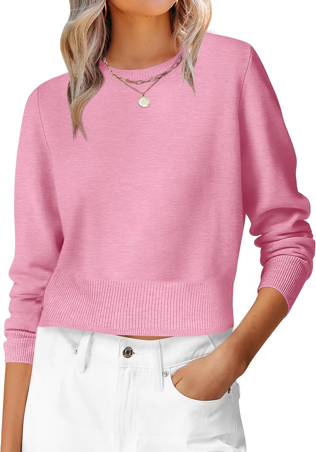 ANRABESS Women’s Long Sleeve Sweaters Cropped Crew Neck Business Casual Light Weight Sweater Tops Fall Fashion Clothes 2025