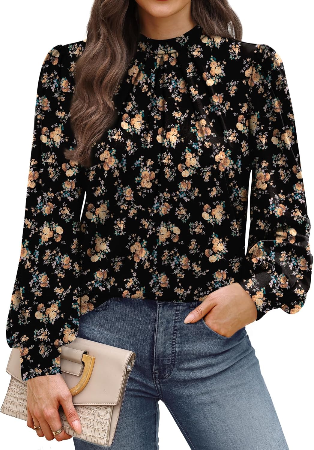 WIHOLL Long Sleeve Shirts for Women Mock Neck Tops Pleated Front Blouses Dressy Casual Fall Clothes 2025 Fashion