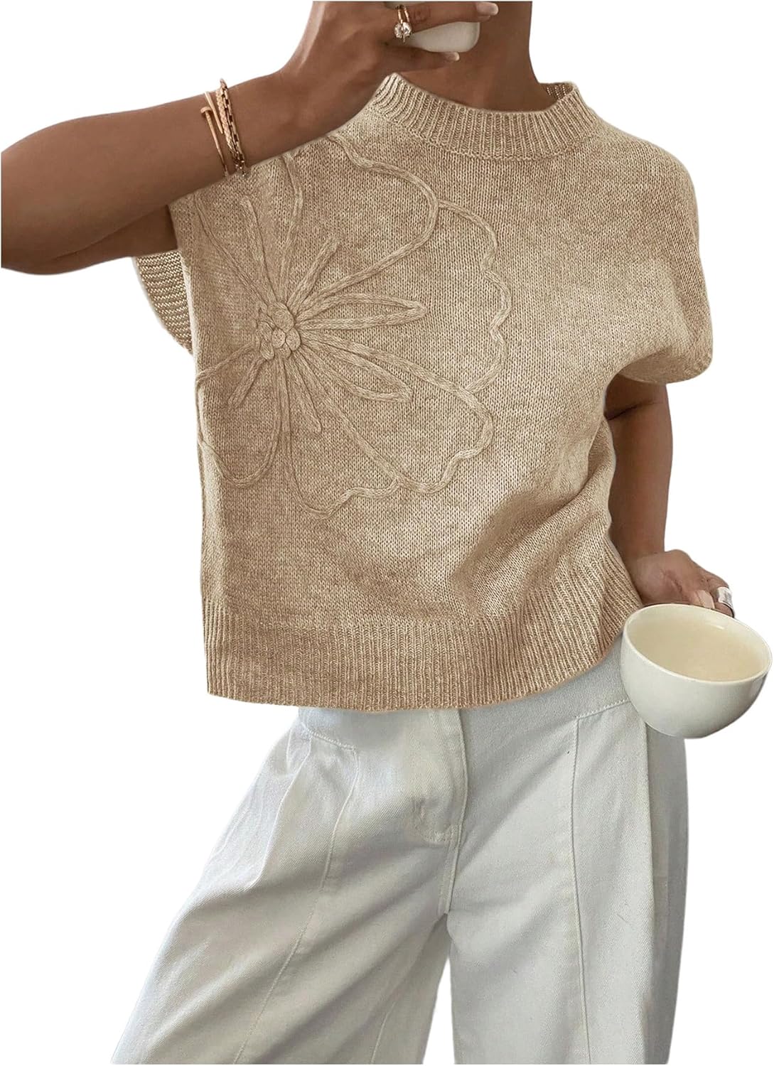 SOLY HUX Women's Ribbed Sweater Crew Neck Short Sleeve Loose Fit Floral Knit Pullover Tops