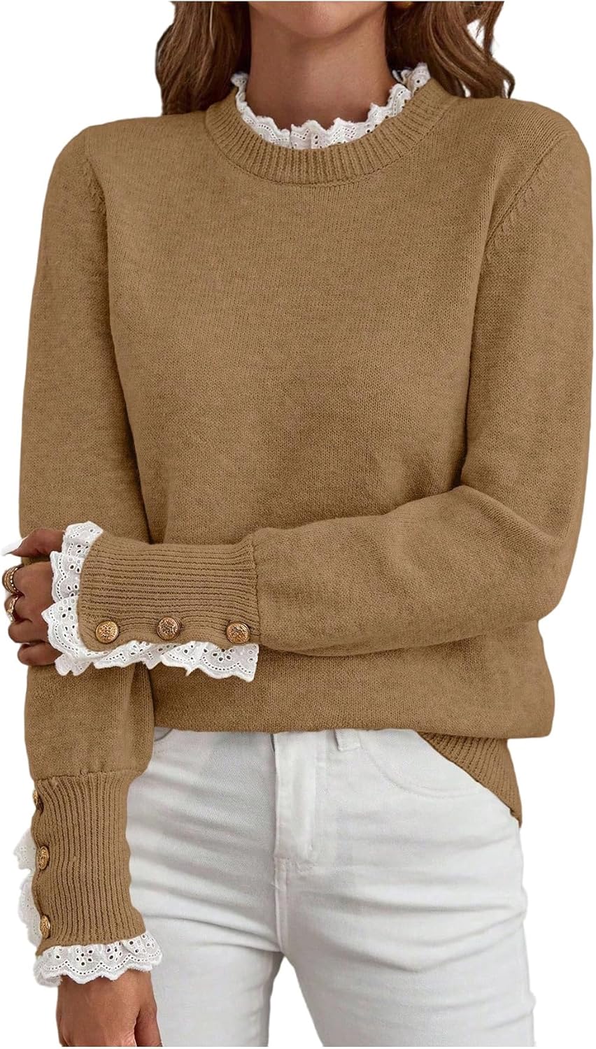 MakeMeChic Women's Fall Sweaters Lace Peplum Mock Neck Cozy Sweater Pullover