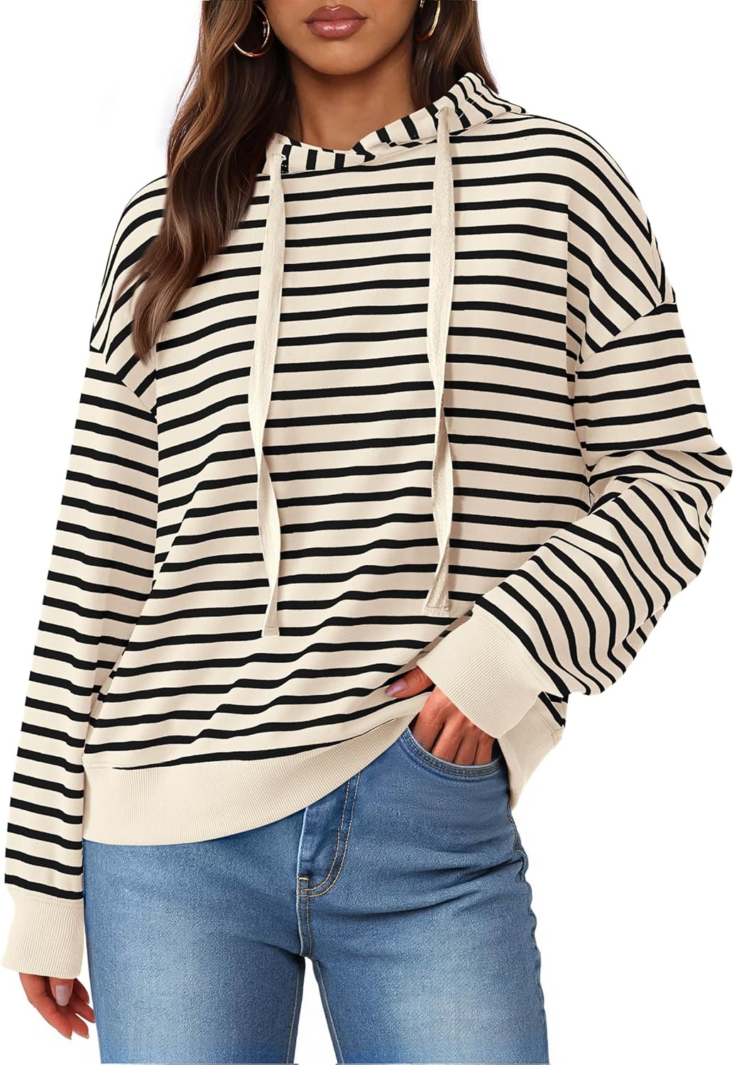 KIRUNDO Womens Hoodies Long Sleeve Striped Drawstring Sweatshirt Loose Fit Hooded Pullover Tops Fall Winter Clothing